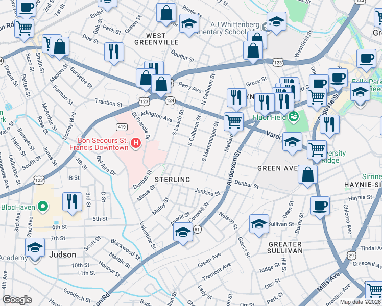 map of restaurants, bars, coffee shops, grocery stores, and more near 5 Ethel Street in Greenville