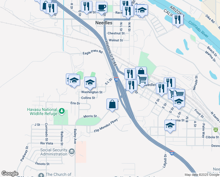 map of restaurants, bars, coffee shops, grocery stores, and more near 1417 Highland Avenue in Needles