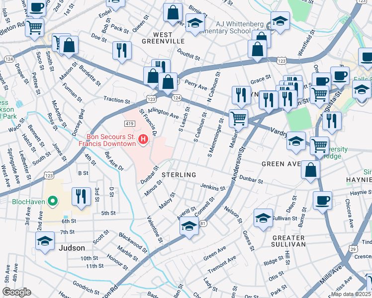 map of restaurants, bars, coffee shops, grocery stores, and more near 9 Judy Street in Greenville