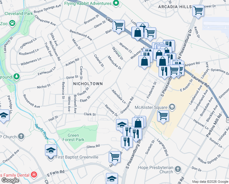 map of restaurants, bars, coffee shops, grocery stores, and more near 14 Cloverdale Lane in Greenville