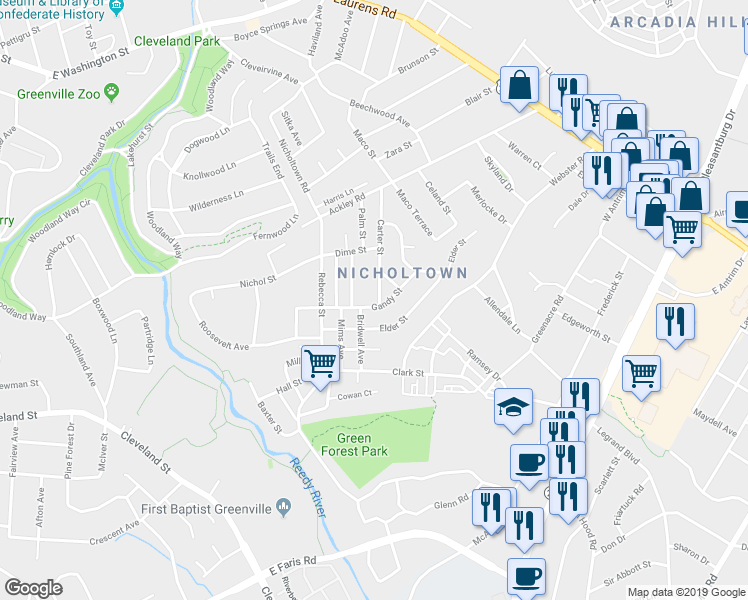 map of restaurants, bars, coffee shops, grocery stores, and more near in Greenville