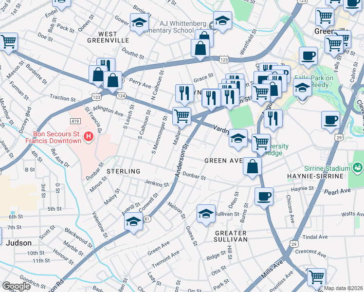 map of restaurants, bars, coffee shops, grocery stores, and more near 206 Anderson Street in Greenville