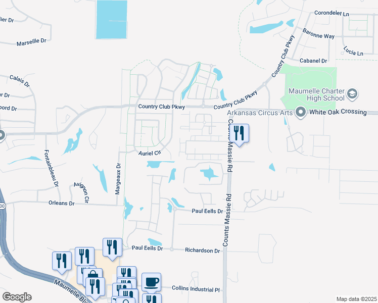 map of restaurants, bars, coffee shops, grocery stores, and more near 10900 Frenchmen Loop in North Little Rock