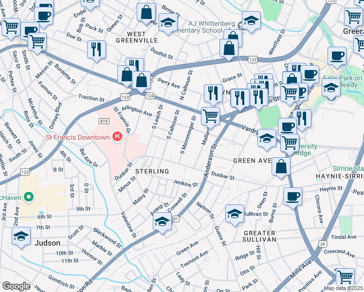 map of restaurants, bars, coffee shops, grocery stores, and more near 204 South Memminger Street in Greenville