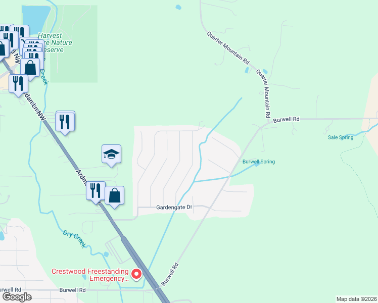 map of restaurants, bars, coffee shops, grocery stores, and more near 169 BrookLawn Drive in Harvest