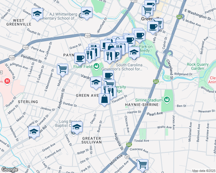 map of restaurants, bars, coffee shops, grocery stores, and more near 300 Augusta Street in Greenville