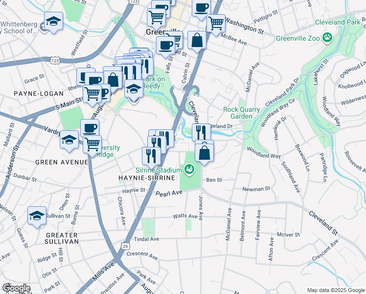 map of restaurants, bars, coffee shops, grocery stores, and more near 411 University Ridge in Greenville