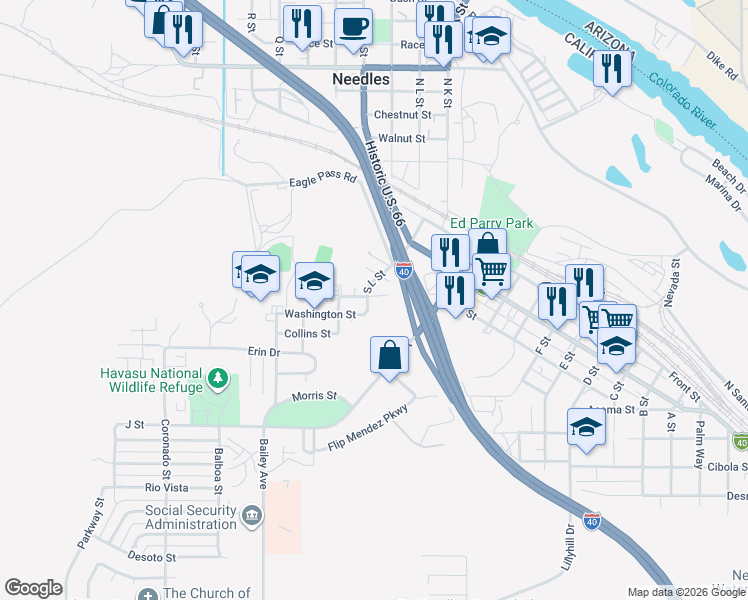map of restaurants, bars, coffee shops, grocery stores, and more near 1495 Highland Avenue in Needles