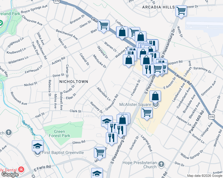 map of restaurants, bars, coffee shops, grocery stores, and more near 5 Copeland Court in Greenville