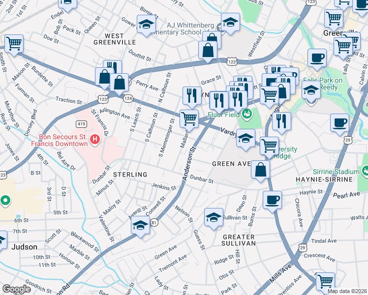 map of restaurants, bars, coffee shops, grocery stores, and more near 206 Anderson Street in Greenville