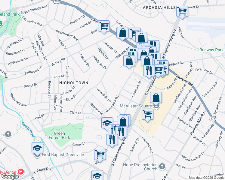map of restaurants, bars, coffee shops, grocery stores, and more near 5 Copeland Court in Greenville