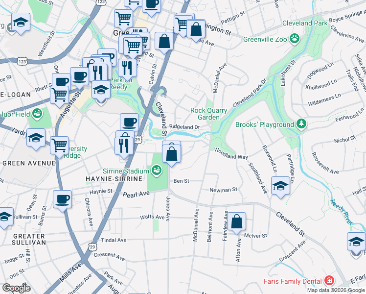 map of restaurants, bars, coffee shops, grocery stores, and more near 605 University Ridge in Greenville