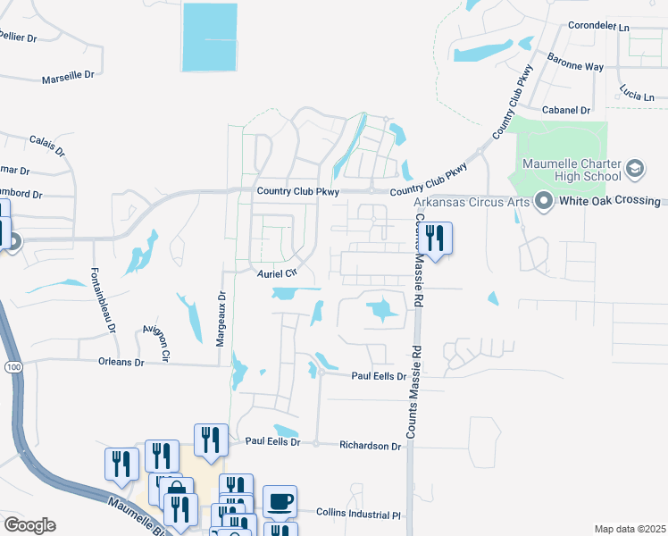 map of restaurants, bars, coffee shops, grocery stores, and more near 10900 Frenchmen Loop in North Little Rock