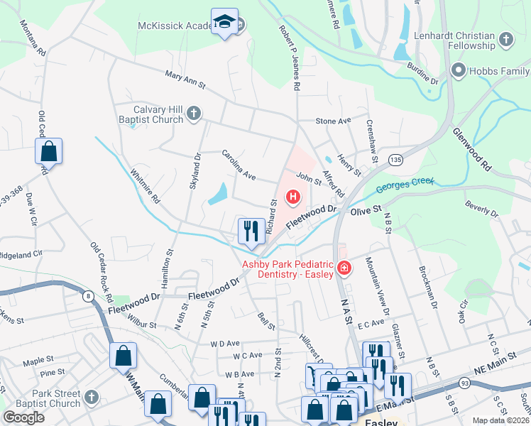 map of restaurants, bars, coffee shops, grocery stores, and more near 301 Maryland Avenue in Easley