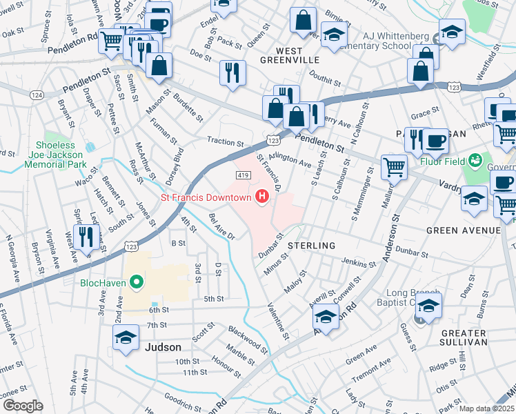 map of restaurants, bars, coffee shops, grocery stores, and more near 1 Saint Francis Drive in Greenville