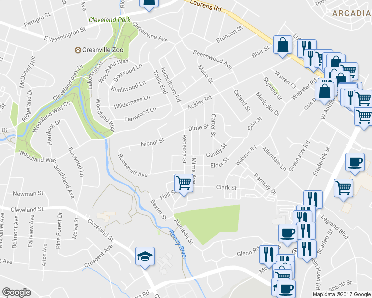 map of restaurants, bars, coffee shops, grocery stores, and more near 119 Rebecca Street in Greenville