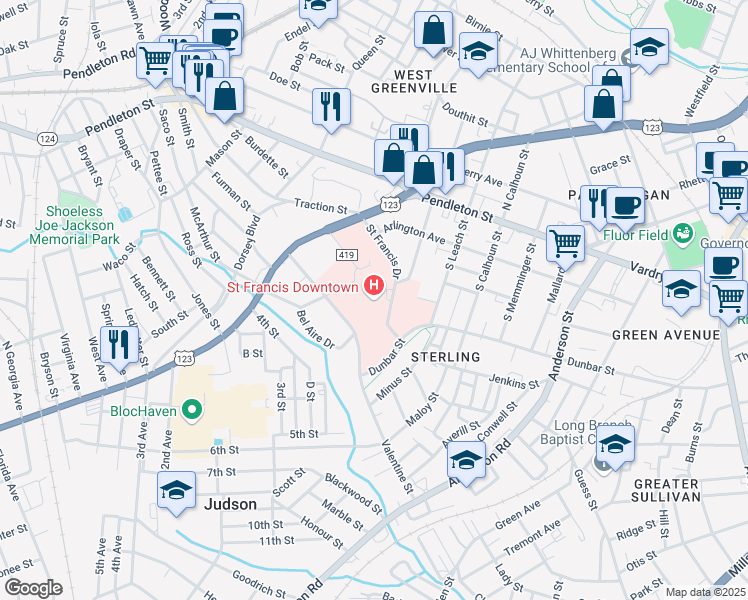 map of restaurants, bars, coffee shops, grocery stores, and more near 1 Saint Francis Drive in Greenville