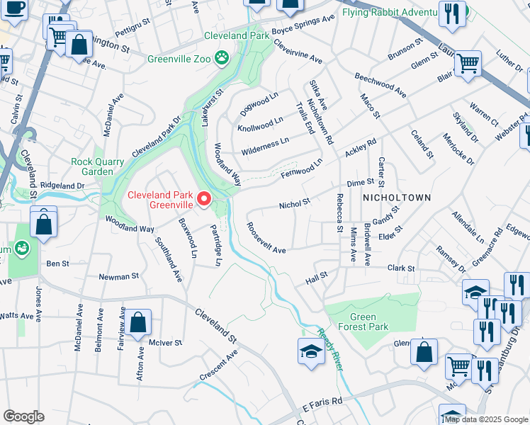 map of restaurants, bars, coffee shops, grocery stores, and more near 325 Nichol Street in Greenville
