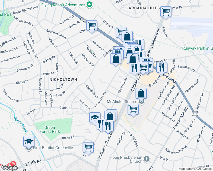 map of restaurants, bars, coffee shops, grocery stores, and more near 135 Edinburgh Court in Greenville