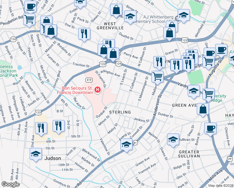 map of restaurants, bars, coffee shops, grocery stores, and more near 4 Barnwell Street in Greenville