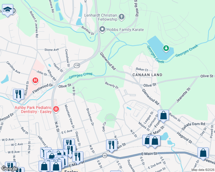 map of restaurants, bars, coffee shops, grocery stores, and more near 139 Beverly Drive in Easley