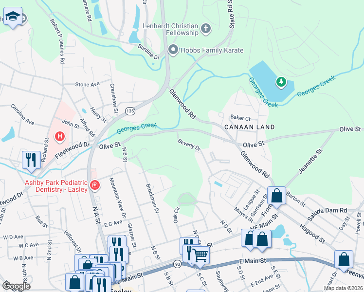 map of restaurants, bars, coffee shops, grocery stores, and more near 139 Beverly Drive in Easley