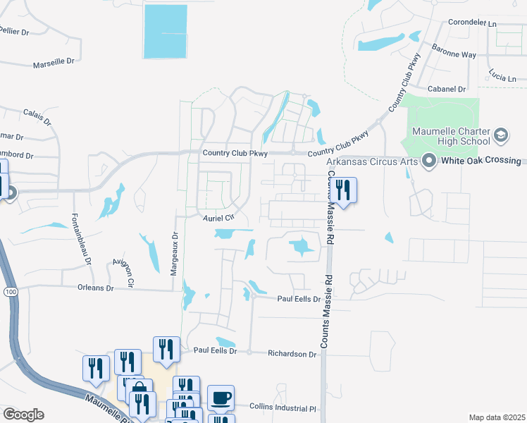 map of restaurants, bars, coffee shops, grocery stores, and more near 10900 Frenchmen Loop in North Little Rock
