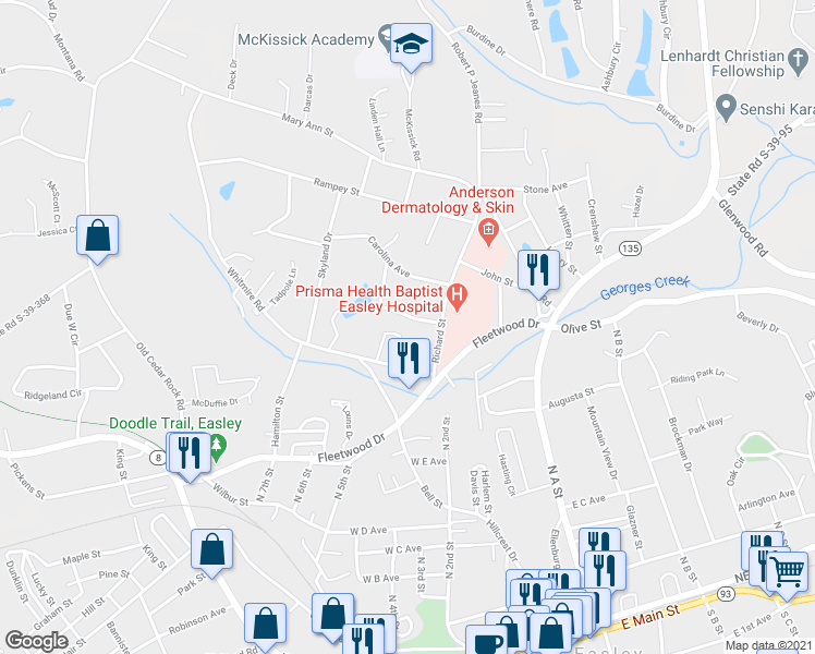 map of restaurants, bars, coffee shops, grocery stores, and more near 107 Maryland Avenue in Easley