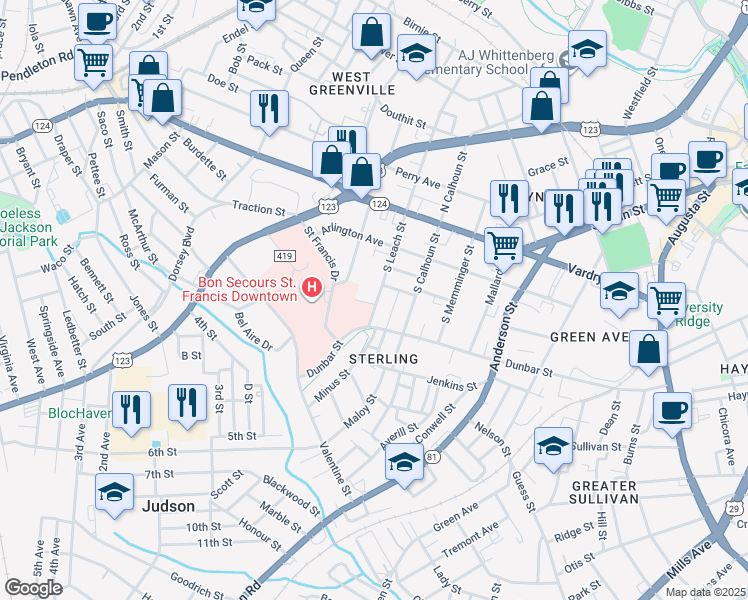 map of restaurants, bars, coffee shops, grocery stores, and more near 4 Barnwell Street in Greenville