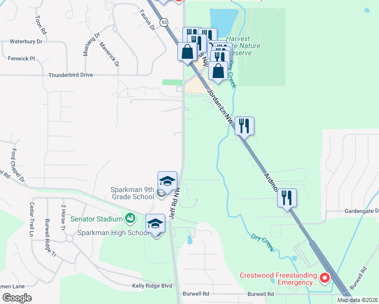 map of restaurants, bars, coffee shops, grocery stores, and more near 2819 Jeff Road Northwest in Harvest