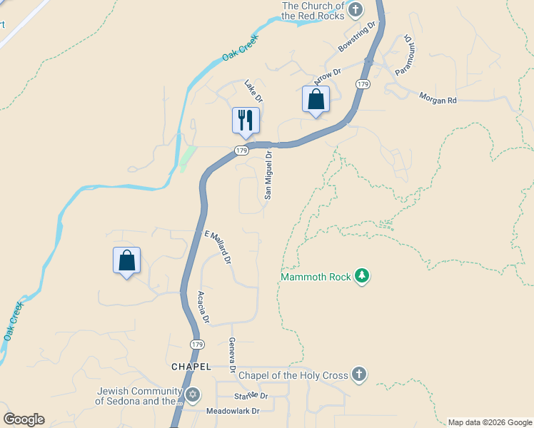 map of restaurants, bars, coffee shops, grocery stores, and more near 200 San Miguel Drive in Sedona