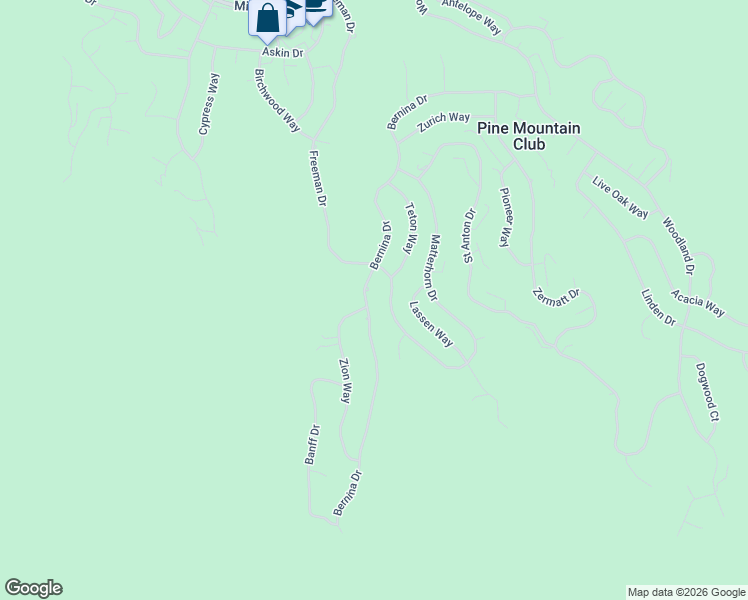 map of restaurants, bars, coffee shops, grocery stores, and more near 1800 Bernina Drive in Pine Mountain Club