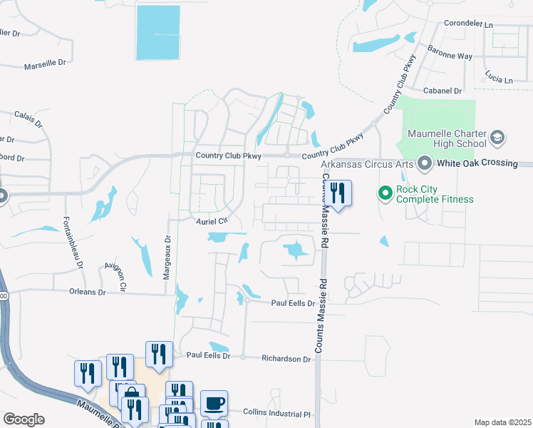 map of restaurants, bars, coffee shops, grocery stores, and more near 10841 Frenchmen Loop in North Little Rock
