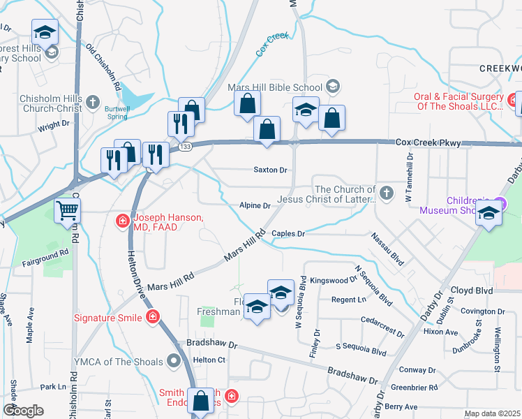 map of restaurants, bars, coffee shops, grocery stores, and more near 2005 Alpine Drive in Florence