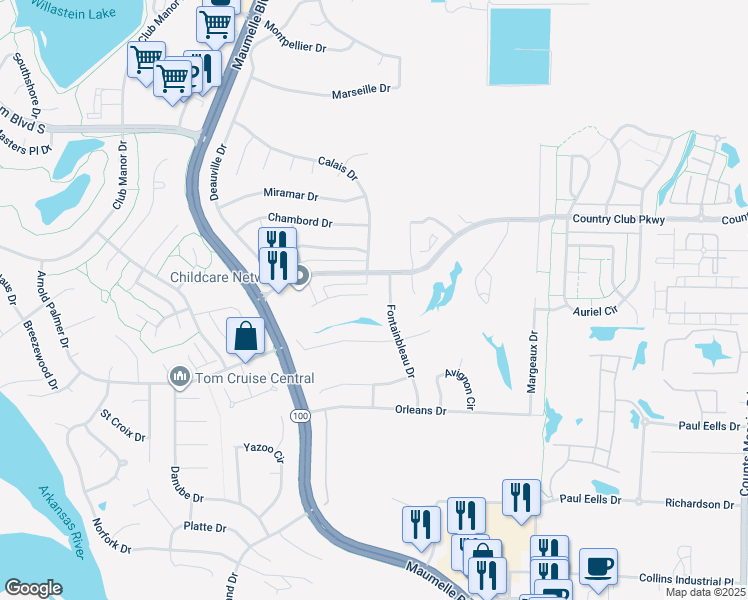 map of restaurants, bars, coffee shops, grocery stores, and more near 222 Chantilly Circle in Maumelle