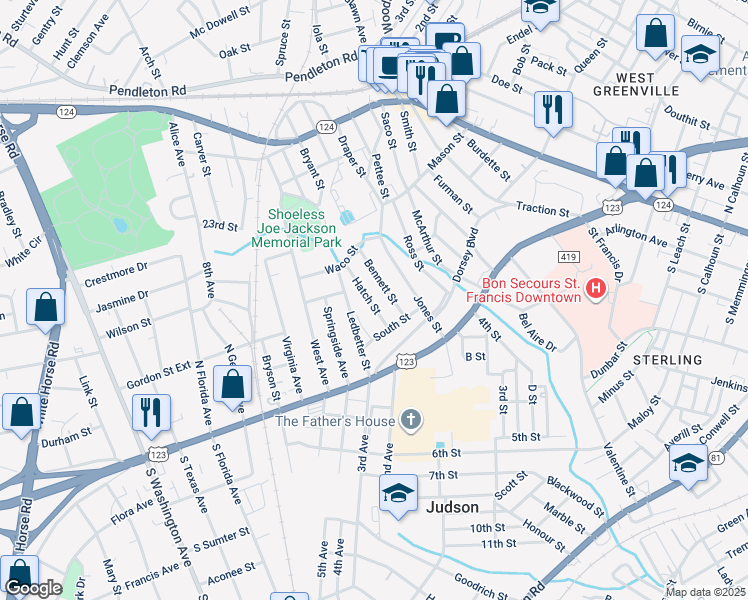 map of restaurants, bars, coffee shops, grocery stores, and more near 18 Hatch Street in Greenville