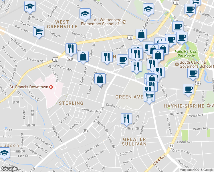 map of restaurants, bars, coffee shops, grocery stores, and more near 206 Anderson Street in Greenville