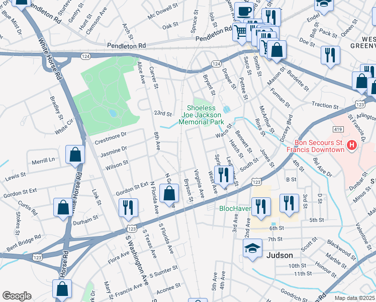 map of restaurants, bars, coffee shops, grocery stores, and more near 213 Virginia Avenue in Greenville