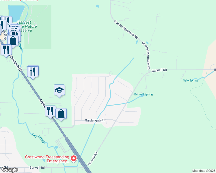 map of restaurants, bars, coffee shops, grocery stores, and more near 169 BrookLawn Drive in Harvest