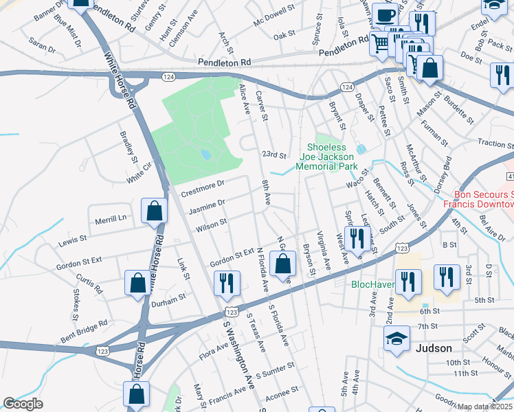 map of restaurants, bars, coffee shops, grocery stores, and more near 204 North Florida Avenue in Greenville