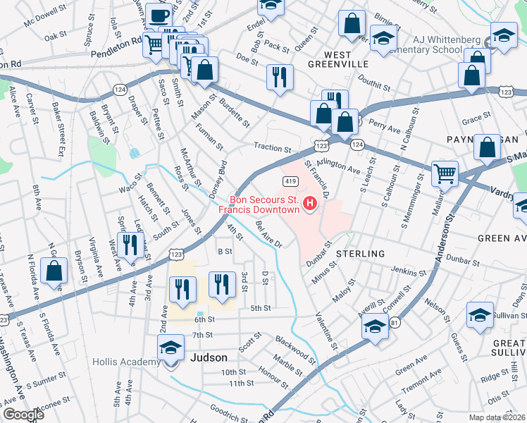map of restaurants, bars, coffee shops, grocery stores, and more near 12 Andrews Street in Greenville