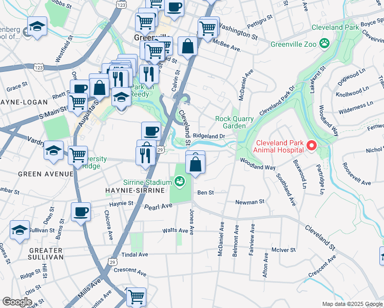 map of restaurants, bars, coffee shops, grocery stores, and more near 87 Cleveland Street in Greenville