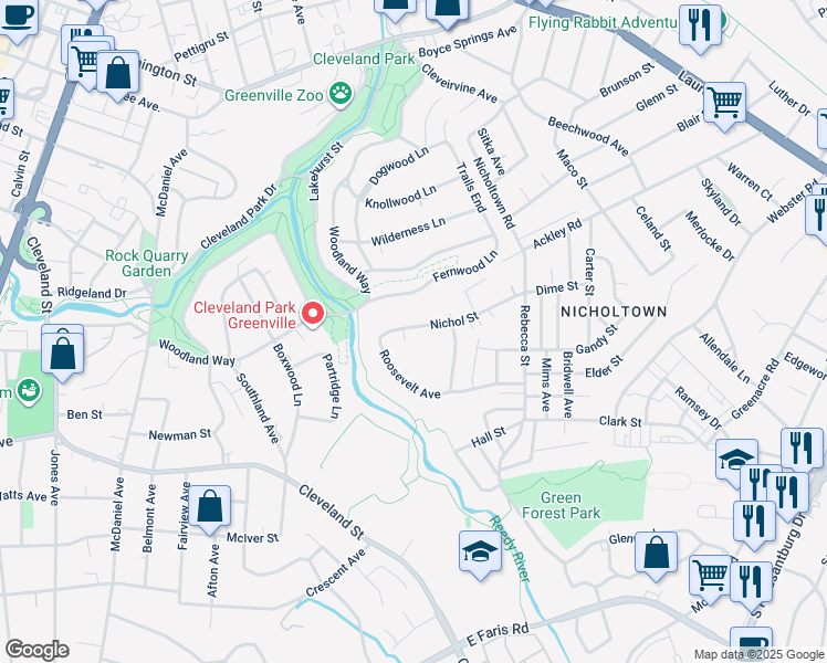 map of restaurants, bars, coffee shops, grocery stores, and more near 325 Nichol Street in Greenville