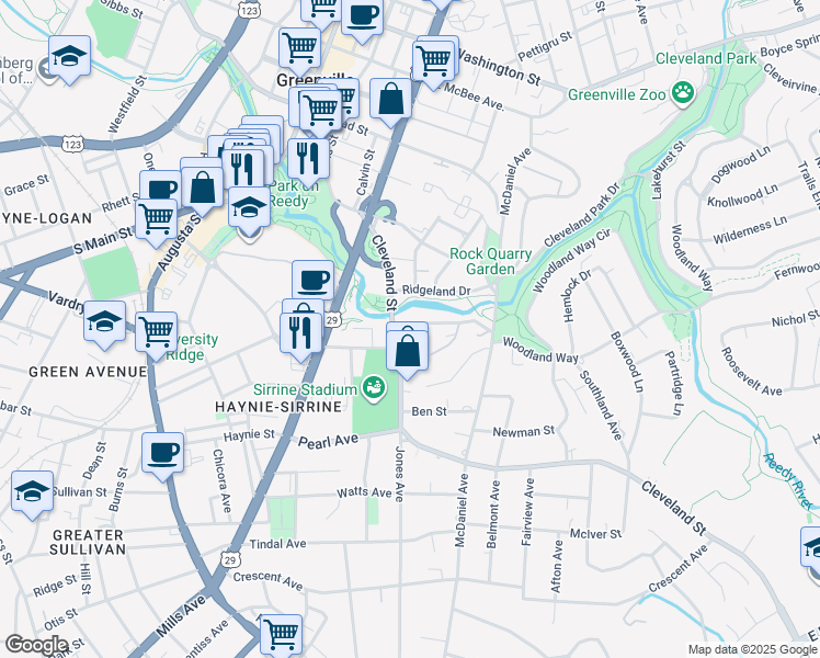 map of restaurants, bars, coffee shops, grocery stores, and more near 87 Cleveland Street in Greenville