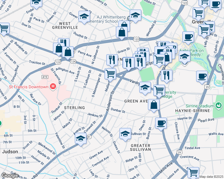 map of restaurants, bars, coffee shops, grocery stores, and more near 206 Anderson Street in Greenville