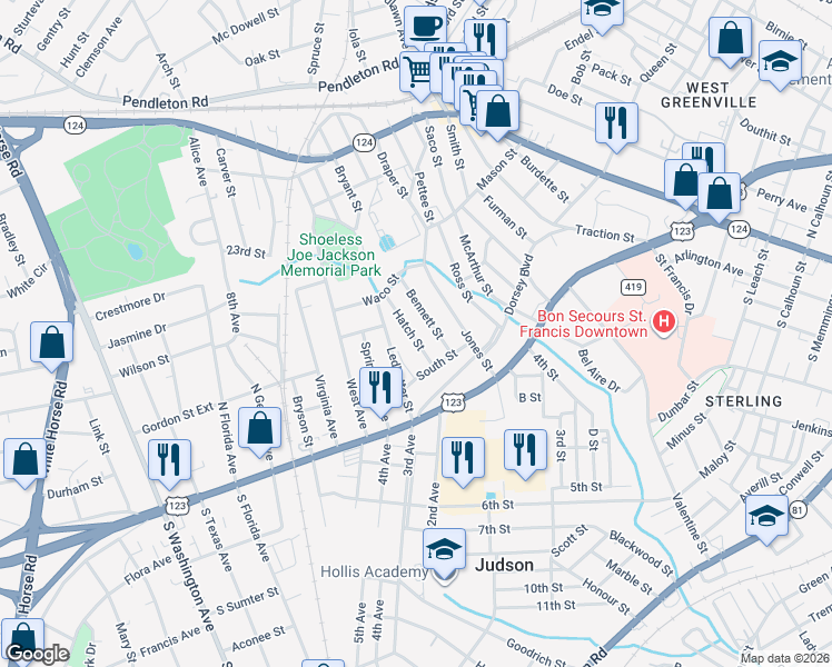 map of restaurants, bars, coffee shops, grocery stores, and more near 18 Hatch Street in Greenville