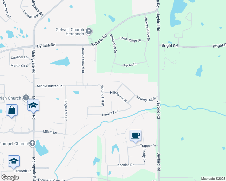 map of restaurants, bars, coffee shops, grocery stores, and more near 1630 Hillshire Drive North in Hernando