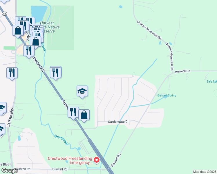map of restaurants, bars, coffee shops, grocery stores, and more near 307 Fenrose Drive in Harvest