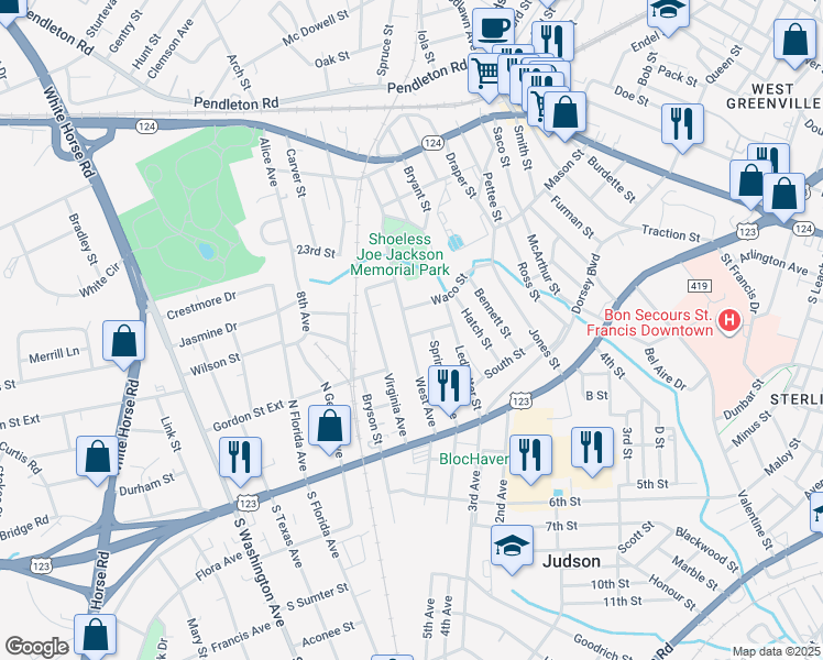 map of restaurants, bars, coffee shops, grocery stores, and more near 102 West Avenue in Greenville
