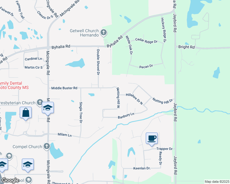 map of restaurants, bars, coffee shops, grocery stores, and more near 1359 Notting Hill Drive in Hernando